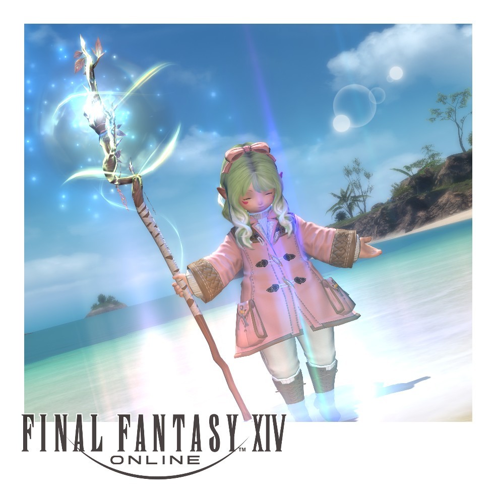 Final Fantasy XIV 中冷凍兔肉站在海邊舉起發光法杖的遊戲截圖